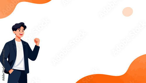 Young man smiles confidently, fist raised