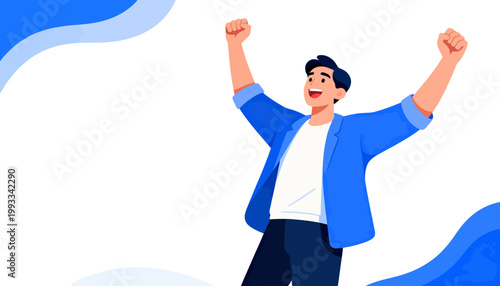 Joyful man celebrates with raised fists