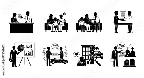 Business and life insurance icons: meeting, family, car, property, presentation, deal, funeral