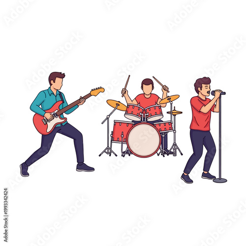 Rock Band Performing Live: Guitarist, Drummer, and Singer on Stage