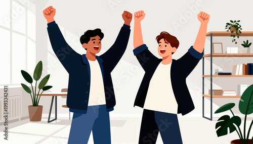Two joyful men raise their fists in celebration