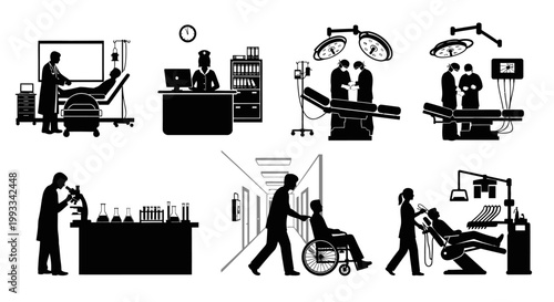 Medical Healthcare Silhouettes: Surgery, Lab, Patient Care, Dentist, Hospital Corridor