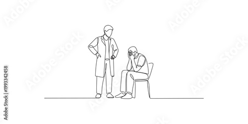 Continuous line drawing of a doctor standing and a patient sitting in a chair looking stressed or in pain