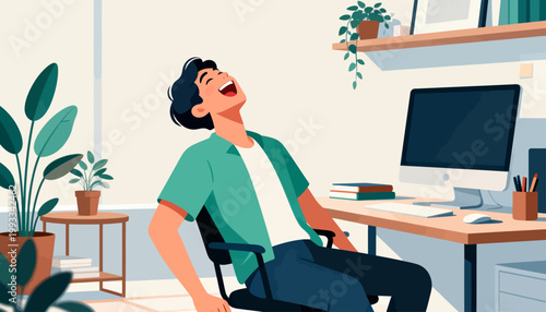 Man laughs joyfully while seated at a modern desk