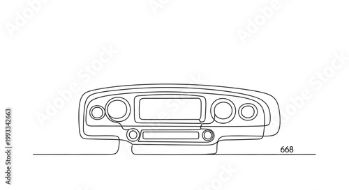 Vintage Car Dashboard Line Art Drawing, Retro Automotive Interior Design, Classic Vehicle Console