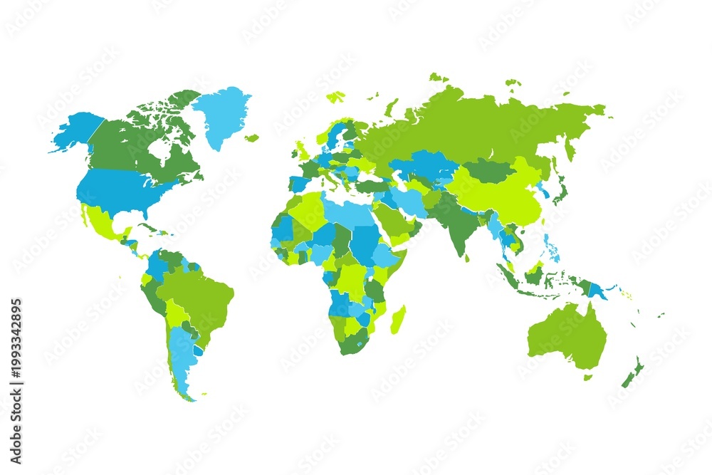 Fototapeta premium Colorful political world map with countries shaded in green and blue tones, displayed on a clean white background; flat design emphasizes global geography, borders, and regional diversity.