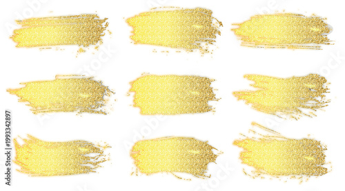 Luxury gold glitter brush strokes collection isolated on transparent background. Vector metallic paint smear set for wedding invitations, makeup branding and social media decor.PNG format