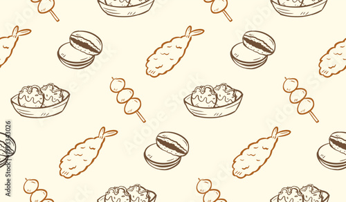 Tempura doodle background. Japanese food pattern background. Cute Asian culinary seamless pattern for kids. Japan cuisine hand drawn pattern with Tempura, Dango, Dorayaki, Takoyaki.