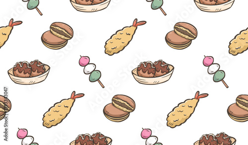 Tempura doodle background. Japanese food pattern background. Cute Asian culinary seamless pattern for kids. Japan cuisine hand drawn pattern with Tempura, Dango, Dorayaki, Takoyaki.
