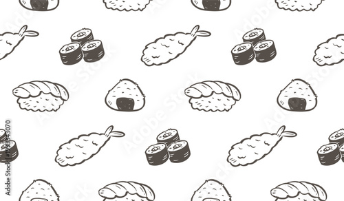 Sushi rolls doodle background. Japanese food pattern background. Cute Asian culinary seamless pattern for kids. Japan cuisine hand drawn pattern with Sushi, Maki, Nigiri, Onigiri, Tempura.