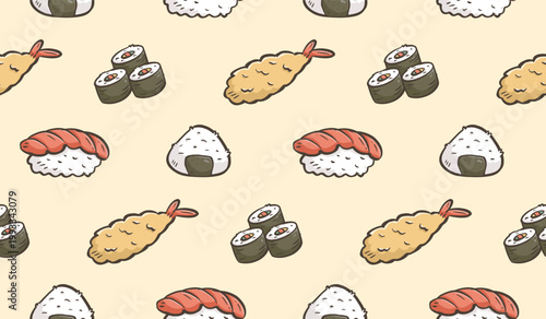 Sushi rolls doodle background. Japanese food pattern background. Cute Asian culinary seamless pattern for kids. Japan cuisine hand drawn pattern with Sushi, Maki, Nigiri, Onigiri, Tempura.