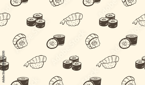 Sushi rolls doodle background. Japanese food pattern background. Cute Asian culinary seamless pattern for kids. Japan cuisine hand drawn pattern with Sushi, Maki, Nigiri.