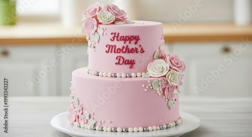 Pink two-tier mother's day cake with white pearls, roses, and floral decorations on a kitchen counter
