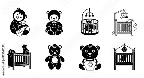 Baby Nursery Icons: Cribs and Teddy Bears Silhouette Collection