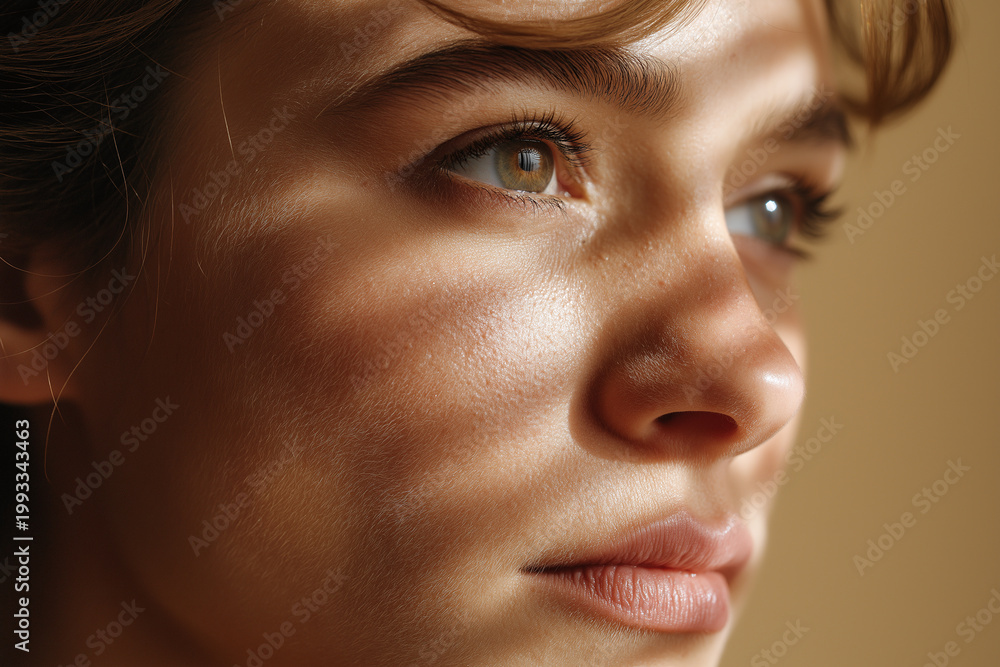 Fototapeta premium Young woman portrait close up with warm soft light and faint shadow across face, detailed skin texture and contemplative expression