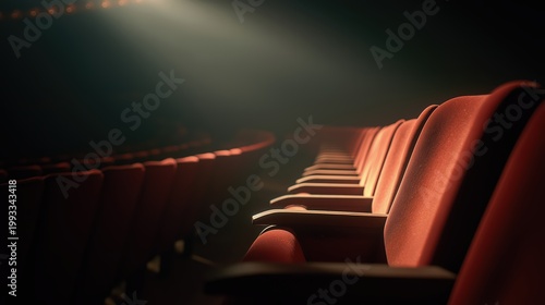 Empty red velvet seats in dark movie theater illuminated by single spotlight. Rows of chairs in cinema auditorium. Entertainment, cultural event and performance art venue concept.