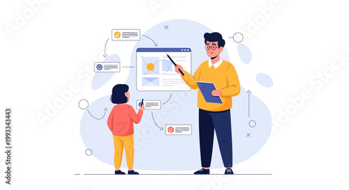 Teacher explaining online learning to a student with a flowchart on a screen.