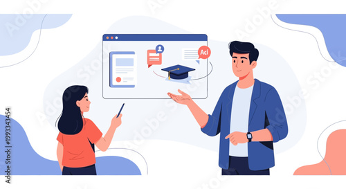 Teacher explaining online education, graduation cap on screen, digital learning concept