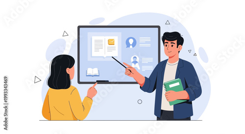 Teacher explaining lesson on whiteboard to student, online education concept