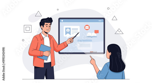 Teacher Explaining Lesson on Screen to Student in Modern Classroom