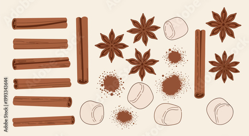 Flat Vector Illustration Set of Winter Spices with Cinnamon Sticks Star Anise Marshmallows and Cocoa Powder Splatters Isolated on Light Background for Seasonal Beverage Design