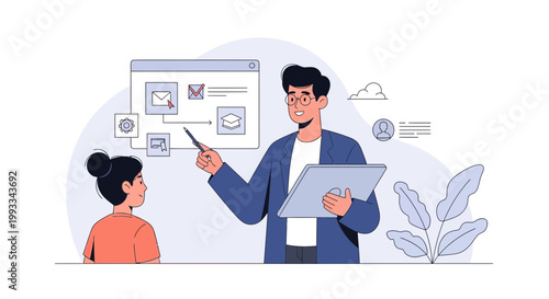 Teacher explaining concept on screen to student, online education, e-learning, presentation