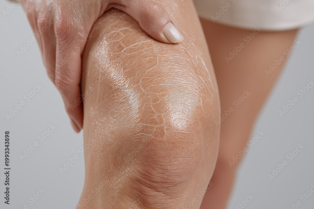 Fototapeta premium Dry cracked knee with moisturizing gel reflecting soft light, close up of dry skin texture and hand applying skincare