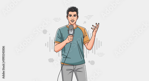 Man speaking into microphone, podcasting, news reporter, interview, live broadcast, sound waves