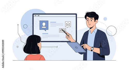 Man teaching woman about online communication and email marketing on a digital screen