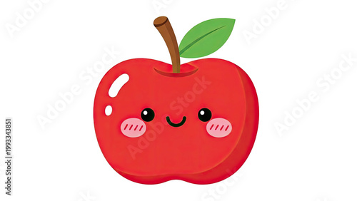 A cartoon-style red apple with a happy face, stem, and leaf on a black background