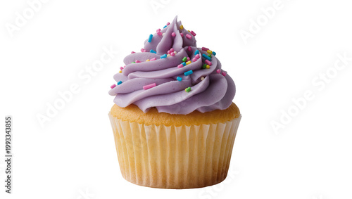 Fotografie Purple frosted cupcake with colorful sprinkles on yellow wrapper