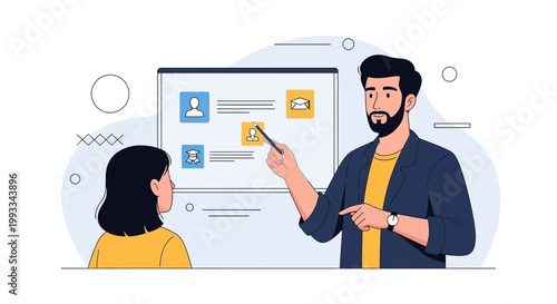 Man teaching woman, presentation with icons on whiteboard, business meeting, education concept