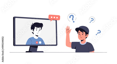 Student asking questions during online class, e-learning concept