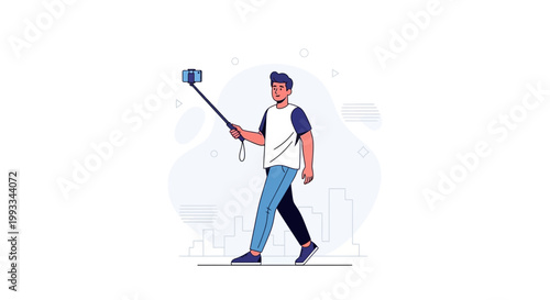 Man Walking with Selfie Stick and Phone, Cityscape Background, Vlogger Concept
