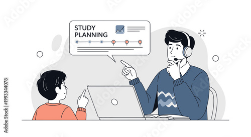 Student and tutor planning study schedule online using laptop and headset