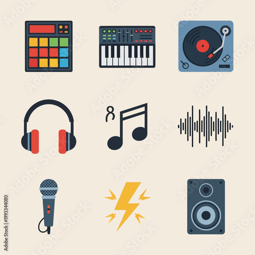Music Production Icons: Turntable, Keyboard, Drum Machine, Headphones, Mic, Speaker
