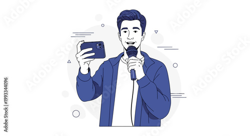 Man Vlogging with Smartphone and Microphone, Live Streaming, Content Creator