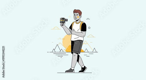 Man with Action Camera Vlogging in Mountains, Outdoor Adventure, Travel Blogger