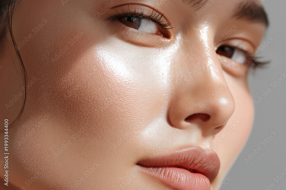 Fototapeta premium Glowing close up portrait of smooth cheekbone with shifting sunlight highlight, dewy skin texture, soft lips and long eyelashes conveying serene confidence and luminous skincare glow
