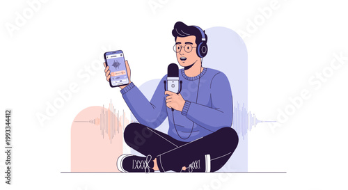 Man with headphones and microphone recording podcast on smartphone, audio waves