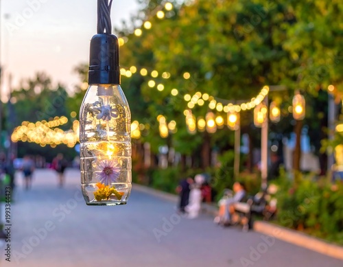 Close-up of decorative light bulb filled with flowers, with blurred background of a tree-lined street and string lights. People are seated