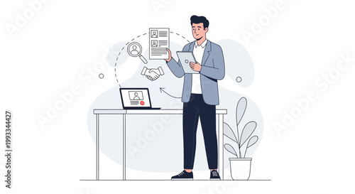 Recruitment process, HR manager reviewing resumes and conducting online interview, hiring concept