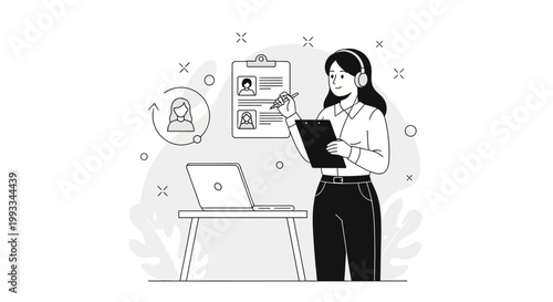 Recruitment process, HR manager reviewing resumes and candidates online, hiring concept