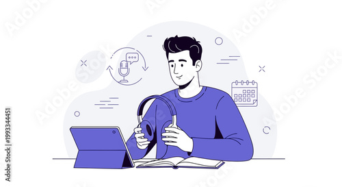 Man with headphones learning online, podcasting, remote work, digital education concept