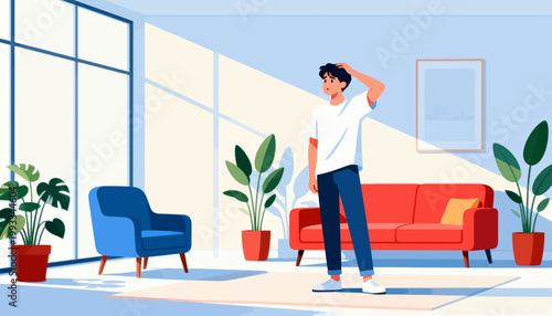 Young man stands in bright, modern living room
