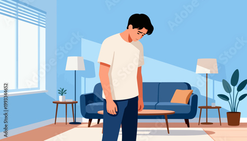 Man stands in living room, head bowed