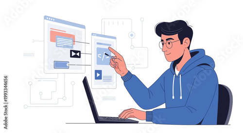 Programmer working on laptop, coding and developing web applications, digital interface