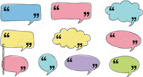 Colorful hand drawn quote boxes and speech bubbles set with quotation marks for text highlight and testimonials.