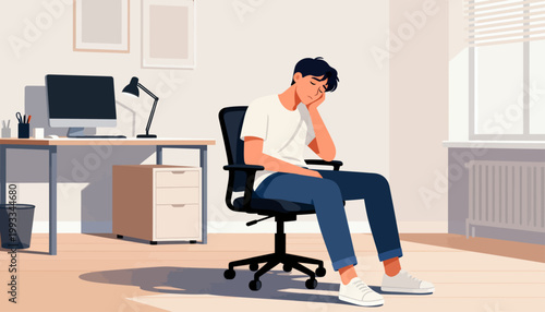 Young man sits slumped at desk, head in hand