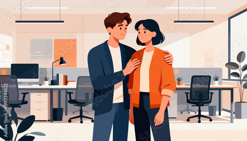 Modern office space with two people embracing warmly